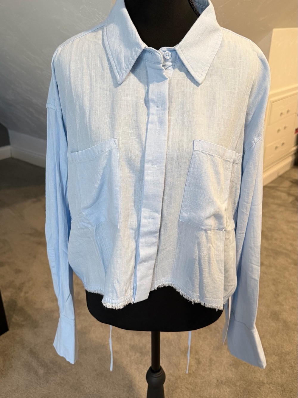 Lumiere Light Blue Button-Down Crop Shirt